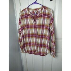 L.L. Bean M Pink Brown Plaid V Neck Flannel Long Sleeve Button Shirt Casual